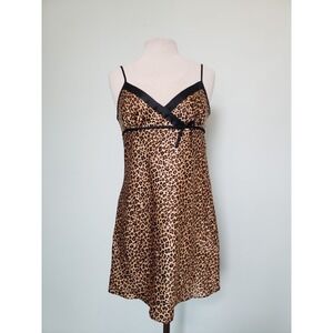 VTG Morgan Taylor Intimates Womens M Satin Slip Dress Cheetah Print Brown Mini